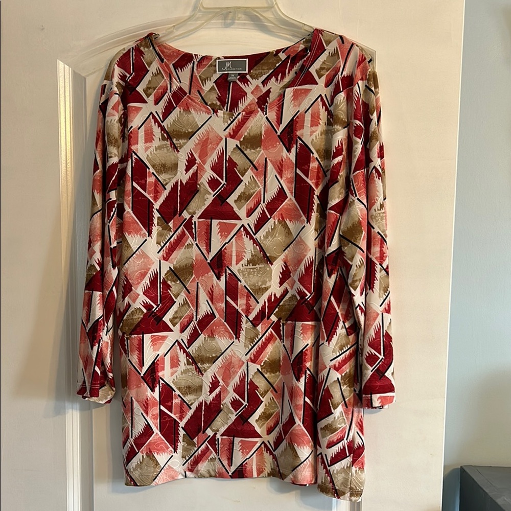 JM Collection Red Tunic with Rounded Neckline and Full Sleeves